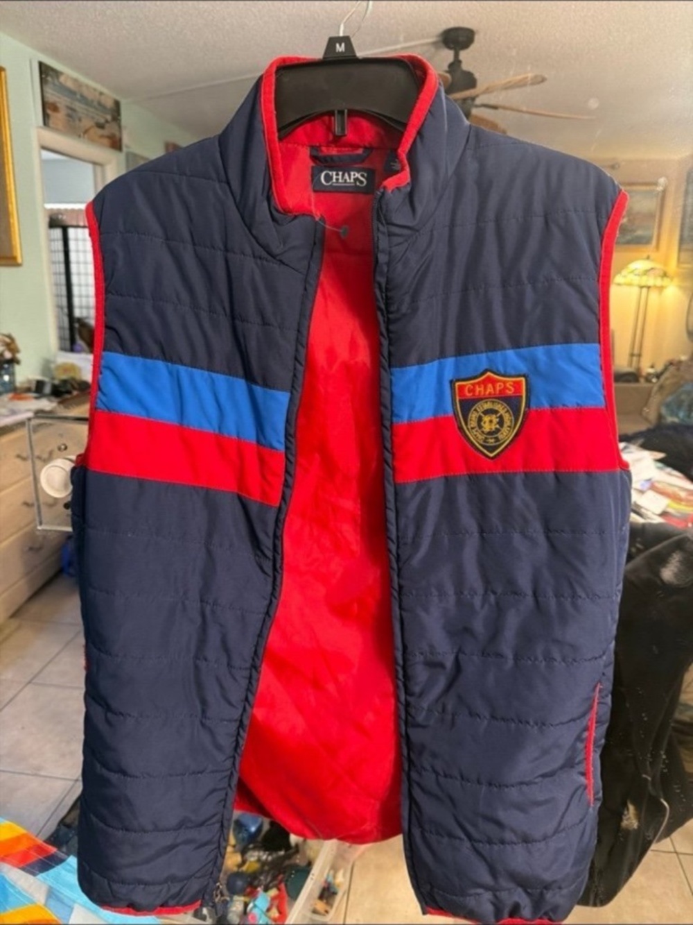 Vest Chaps Crest Preppy Logo Puffer Vest Red Navy Blue Lightweight ZIP Men's m
